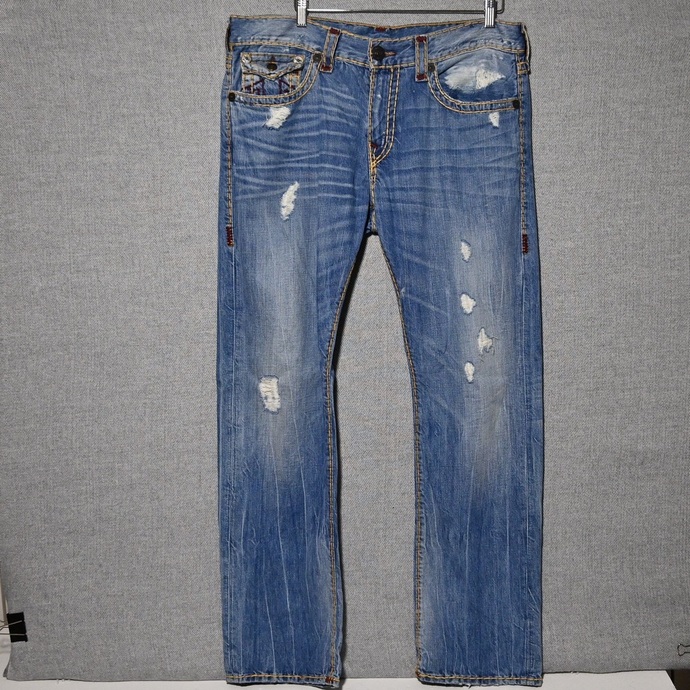 True Religion Ricky Relaxed Straight Jeans Mens Distressed 36 Blue USA Made